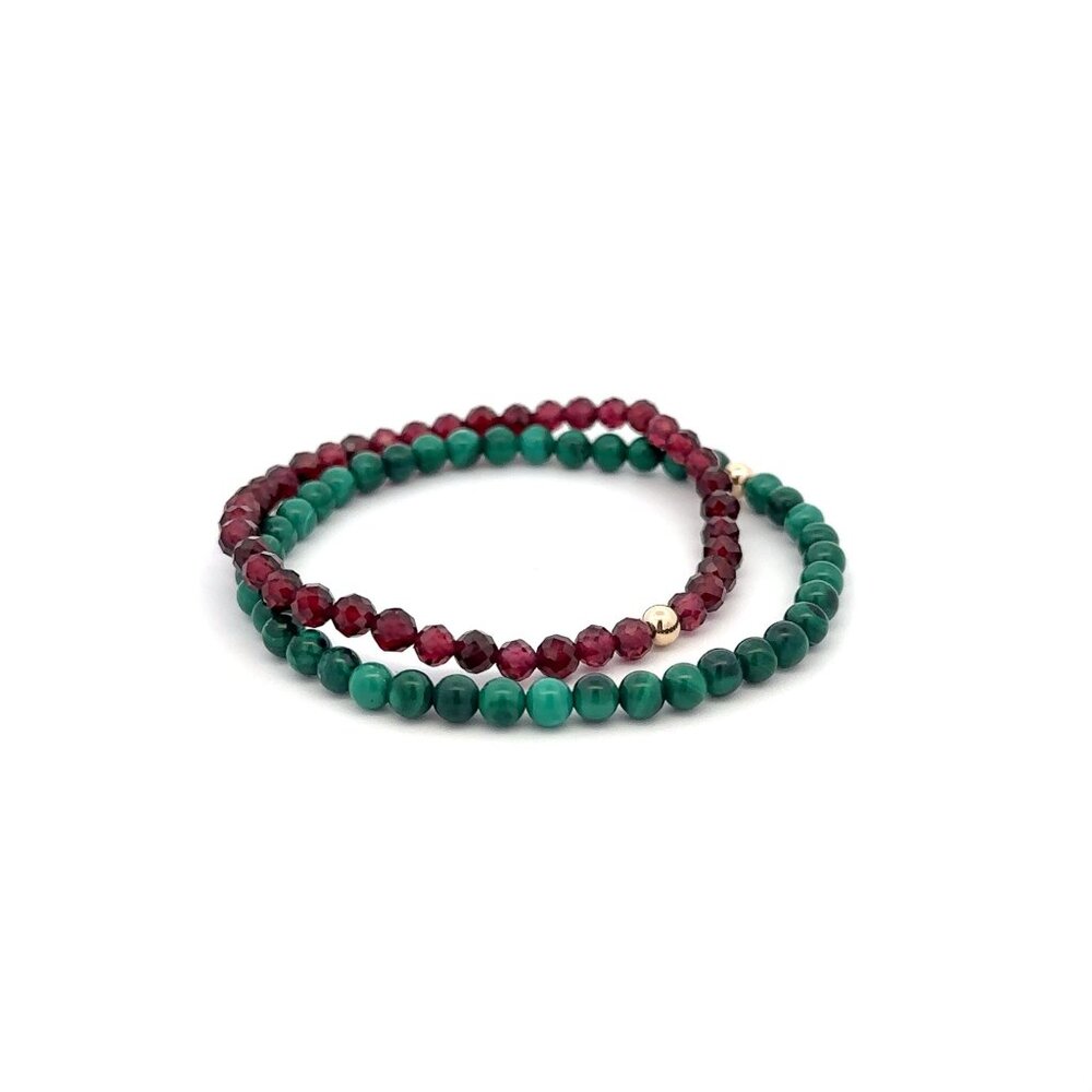 Garnet & Malachite Gemstone Stretch Bracelet with 14K Gold Accent Bead Handmade - Picture 5 of 6